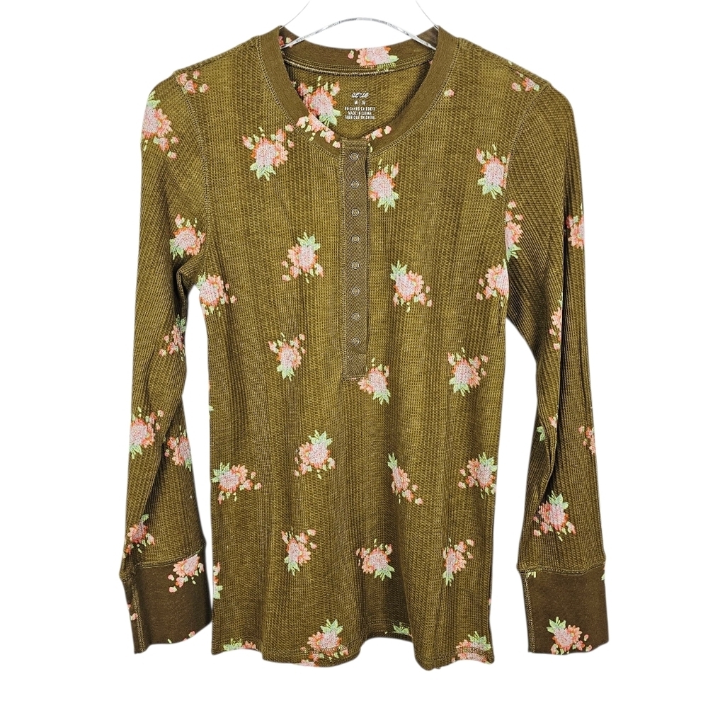Aerie Olive Green Thermal Waffle Knit Fitted Floral Shirt - Picture 1 of 7